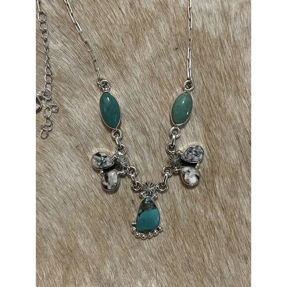 Native Navajo SW Sterling SilverWhite Buffalo & Green Turquoise Cluster Necklace - Picture 8 of 10